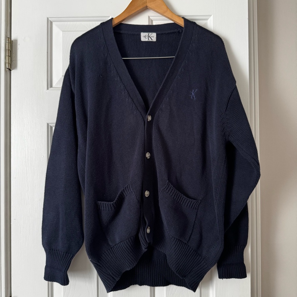 Calvin Klein Navy Blue V-Neck Cardigan | Oversized Knit Sweater 0463